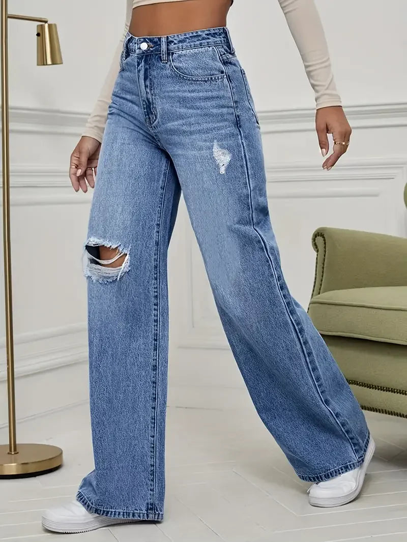 Women's Jeans Denim Pants Wide Leg Vintage Distressed Ripped Trousers
