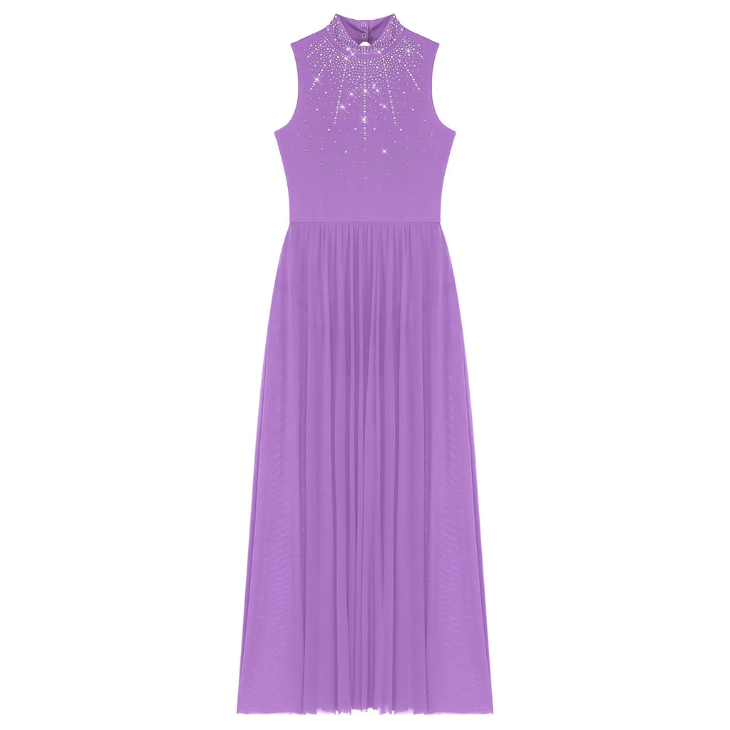 Womens Lyrical Dance Dresses Mock Neck Wide Hemline Shiny Rhinestones Maxi Dress Sleeveless Modern Contemporary Leotard Dresses