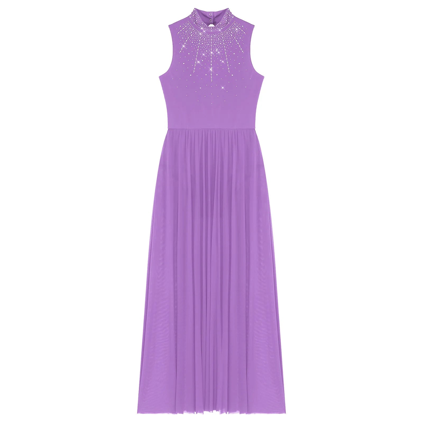 Womens Lyrical Dance Dresses Mock Neck Wide Hemline Shiny Rhinestones Maxi Dress Sleeveless Modern Contemporary Leotard Dresses