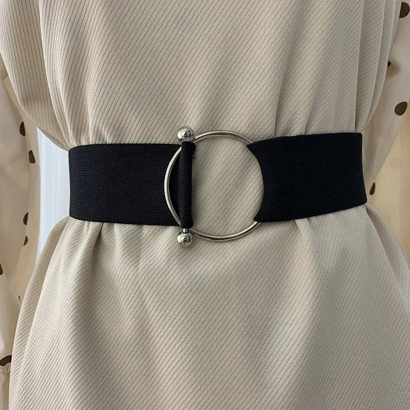 Women Elastic Band Wide Belts Simple Down Coat Waist Belt Female Buckle Black Strap Dress Decoration Accessories Leather Belt