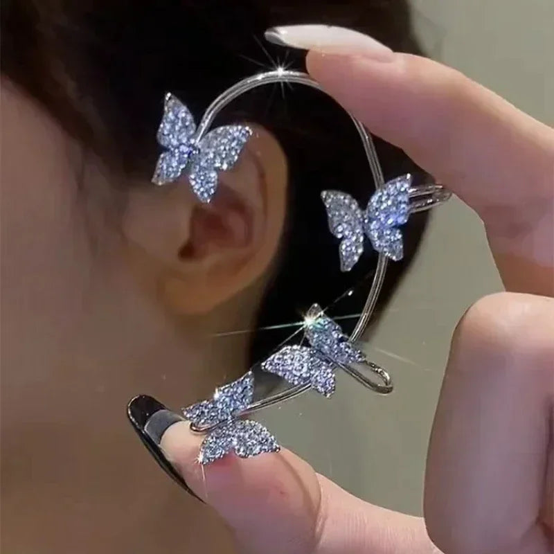 Silver Butterfly Clip-On Earrings – Sparkling Zircon Ear Cuff No Piercing