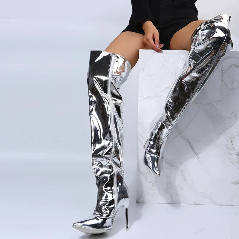 Heels Long Boots Women Autumn Winter Over-the-Knee exy Silver Mirror Thigh High Boots T Show Pointy Toe Casual  Club Party Shoes