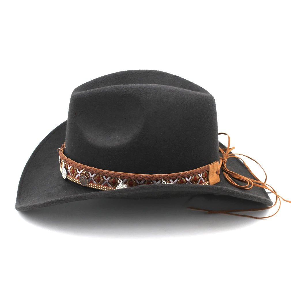 Classic Western Cowboy Hat Cowgirl Cap Fedora Hats Wide Brim Chapeau шляпа Sombrero with Punk Coins Hatband Party for Women Men
