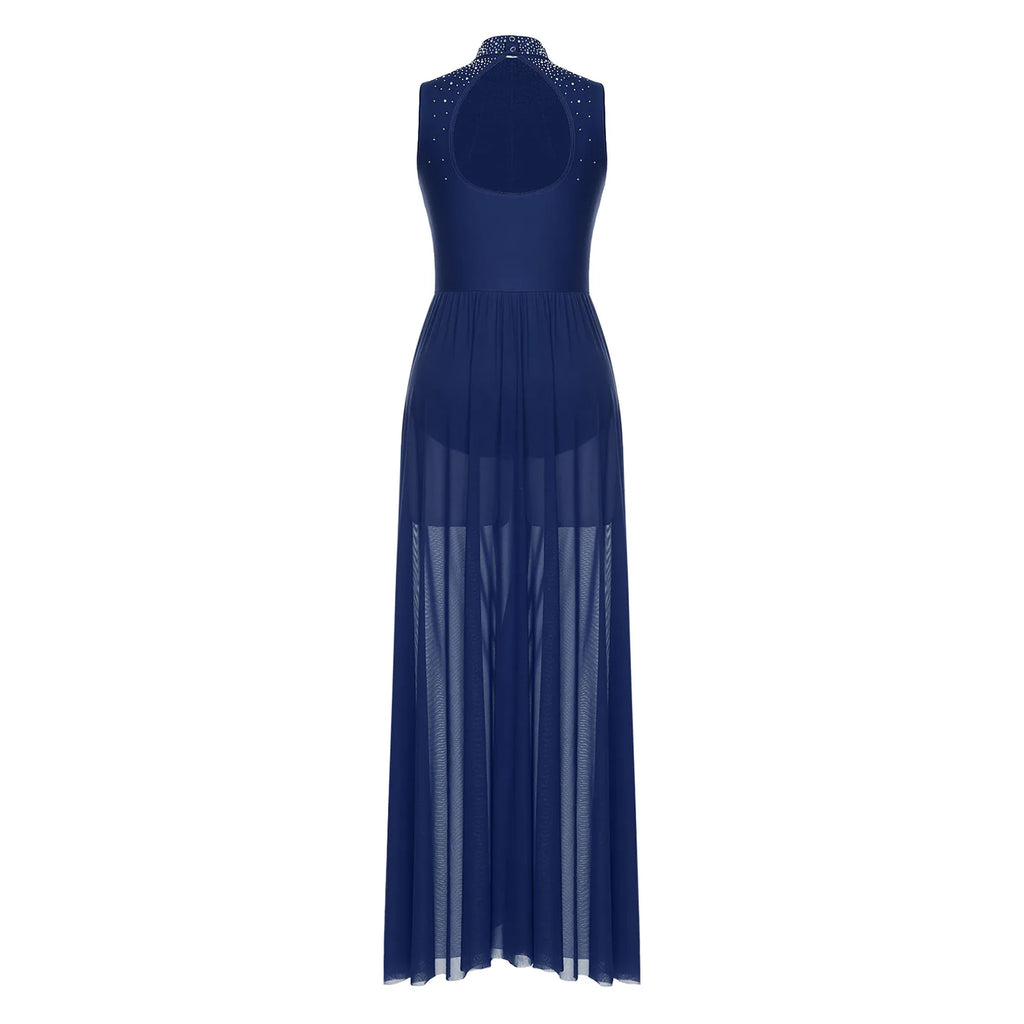 Womens Lyrical Dance Dresses Mock Neck Wide Hemline Shiny Rhinestones Maxi Dress Sleeveless Modern Contemporary Leotard Dresses