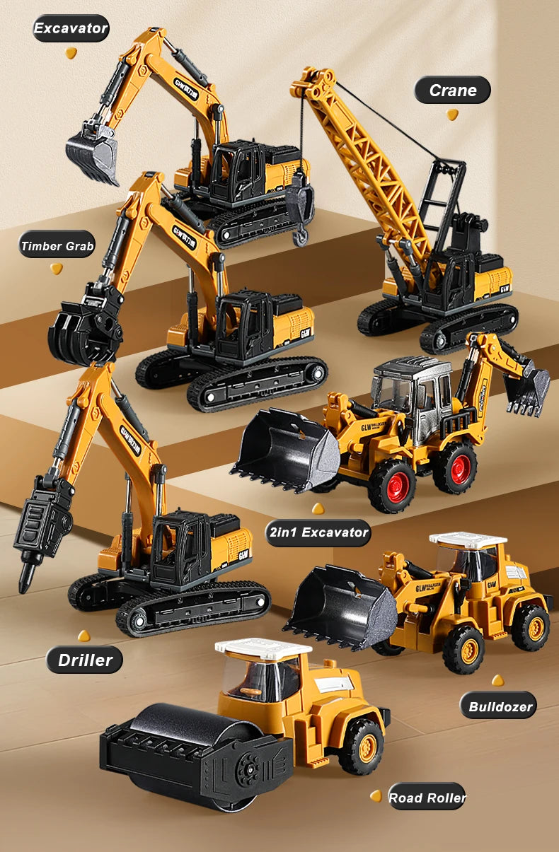 1:70 9 Styles Mini Yellow Alloy Forklift Driller Road Roller Engineering Diecast Construction Vehicle Inertia Toys for Boys Gift