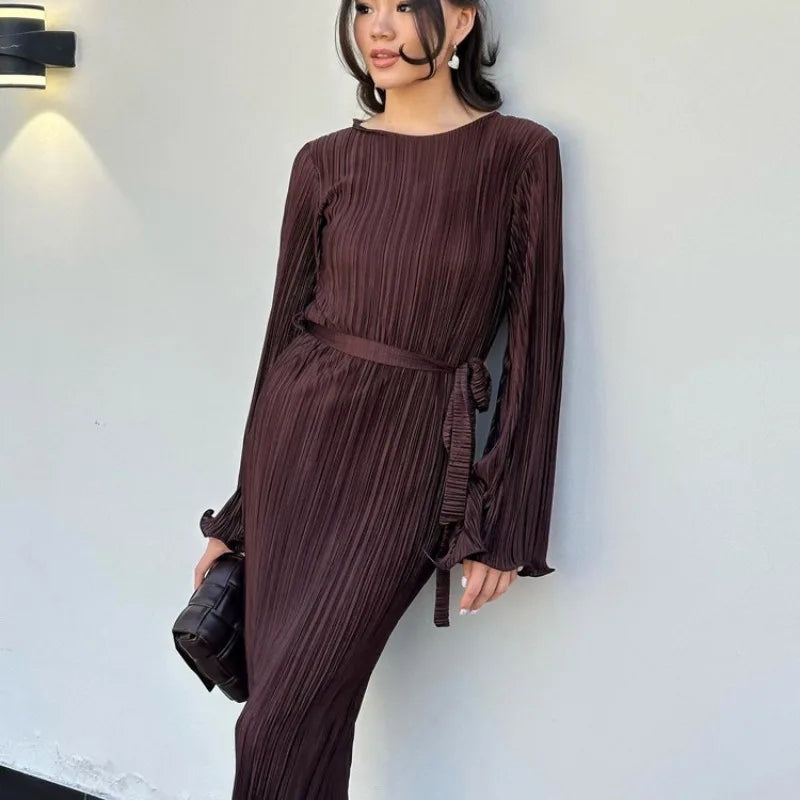 Autumn Winter Party Dress for Women 2025 Y2K INS Elegant Fashion Long Sleeve O Neck Lace Up Folds Evening Graduation Long Dress