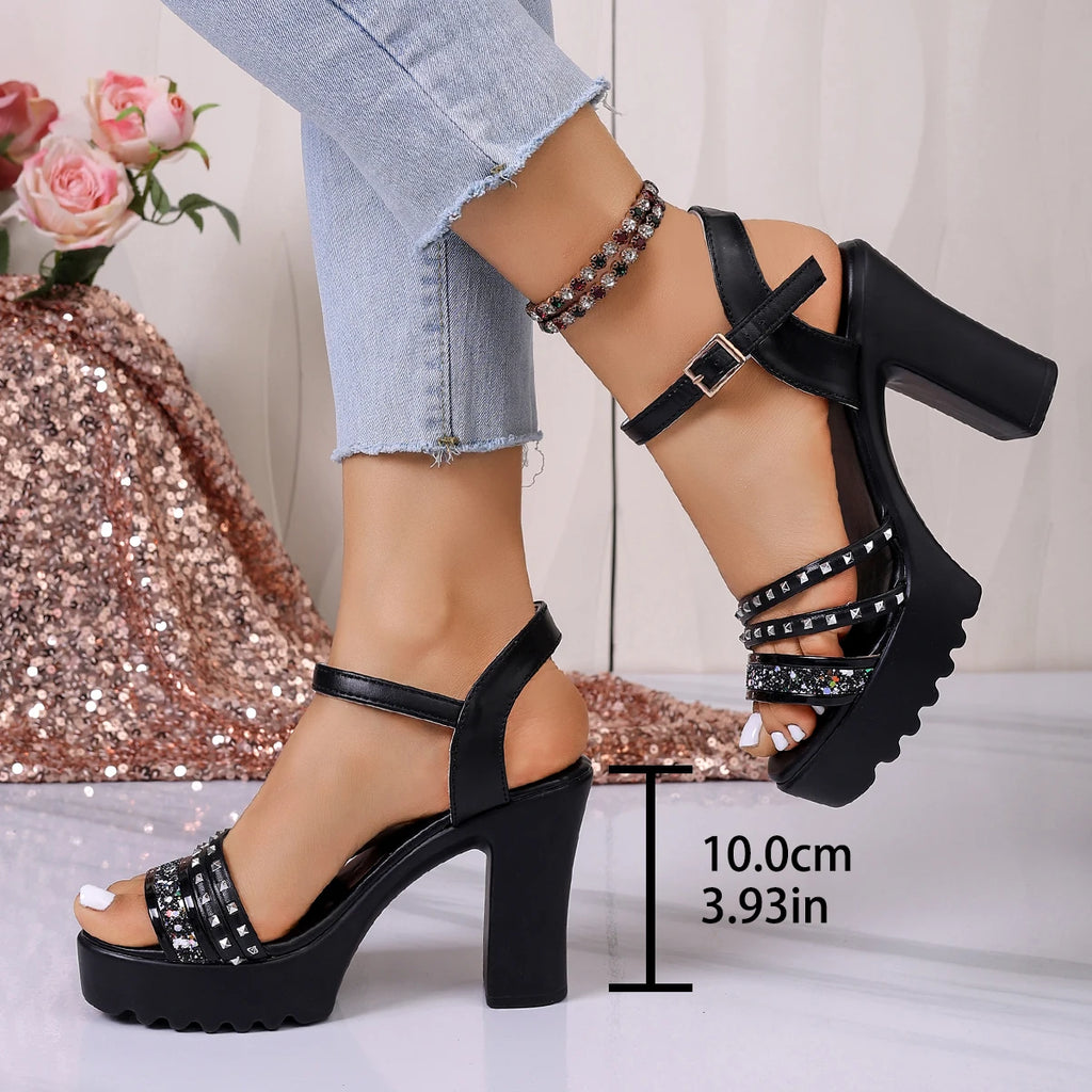 Women's Sequined Studded Chunky Heel Sandals, Platform Thick Sole Open Toe Back Strap High Heels, Nightclub Party Hot Girl Shoes