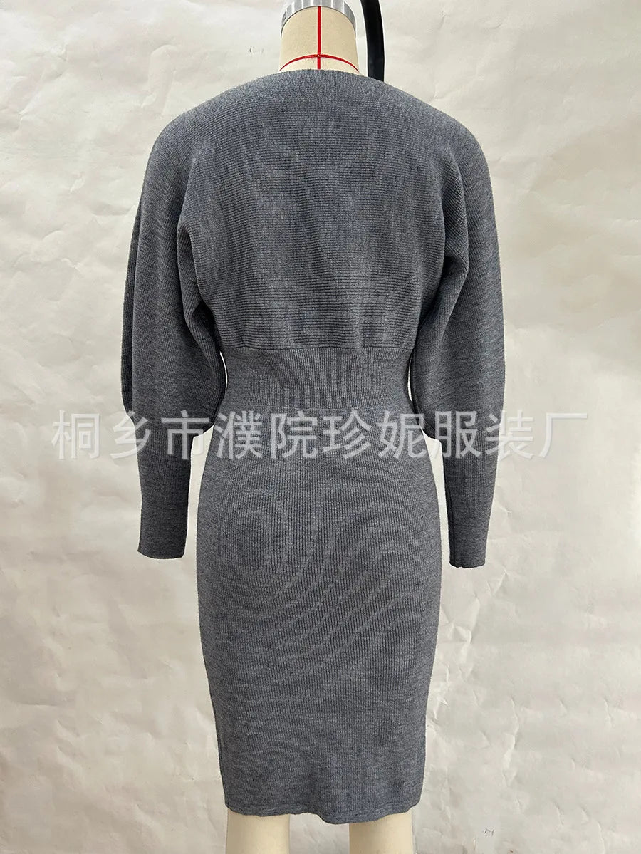 Women Knit Dress Sweater Long Sleeve Round Neck Slim Fit Dresses Tight Waist Thick Warm Vestidos Elegant Lady Skinny Autumn