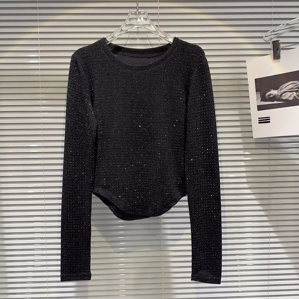 Fat people oversized wear 300 catties fashion rhinestone diamond bright silk curved edge women's long-sleeved T-shirt