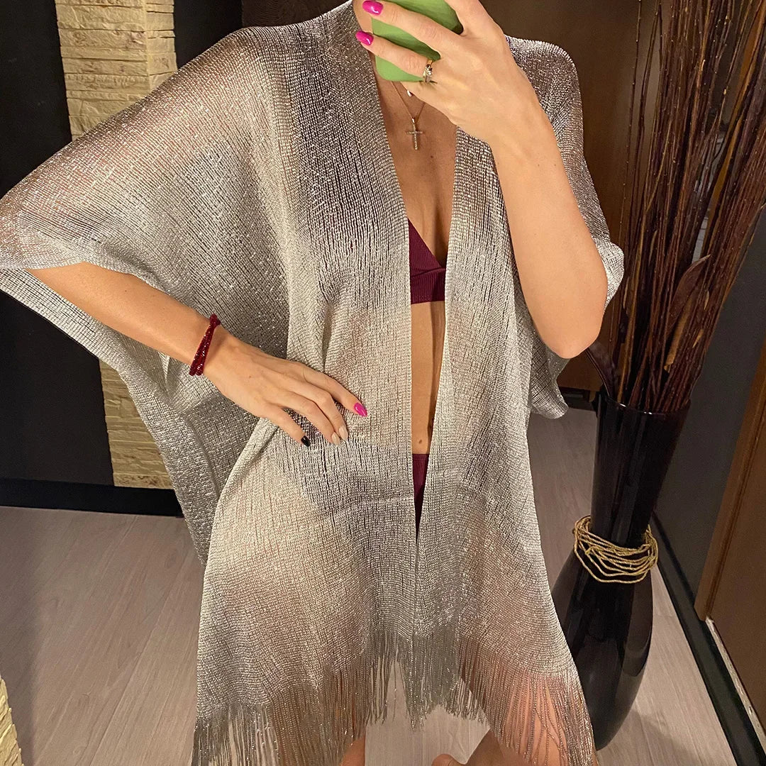 Solid Bikini Cover Up Tassel Beach Dress Tunics Swimsuit Bathing Suit Women Shining Cover Ups for Swimwear Women Pareo Plage