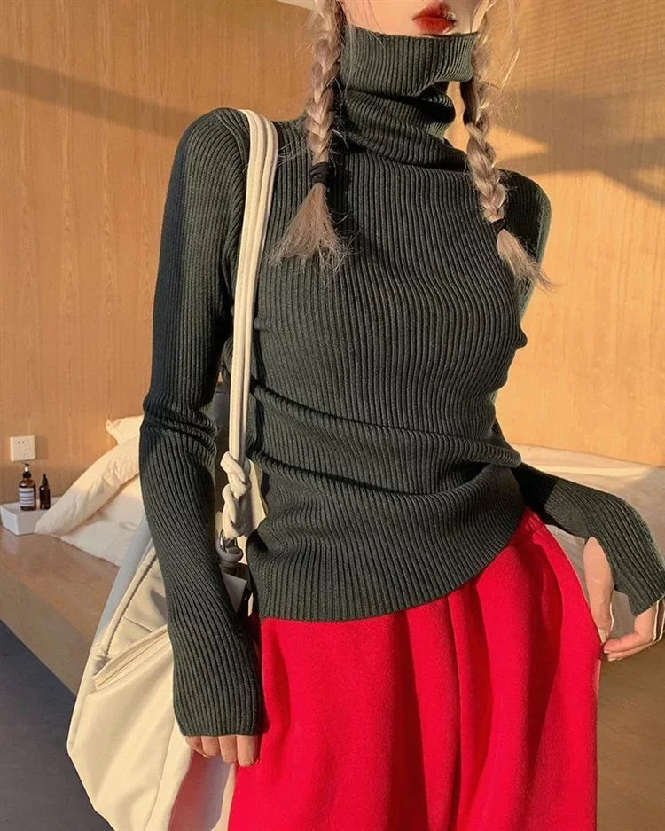 Women Turtlneck Sweater Elegant Solid Basic Knitted Tops Casual Pullover Korean Fashion Simple with Thumb Holes Chic Clothes