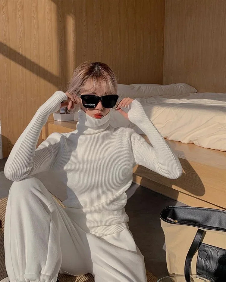 Women Turtlneck Sweater Elegant Solid Basic Knitted Tops Casual Pullover Korean Fashion Simple with Thumb Holes Chic Clothes