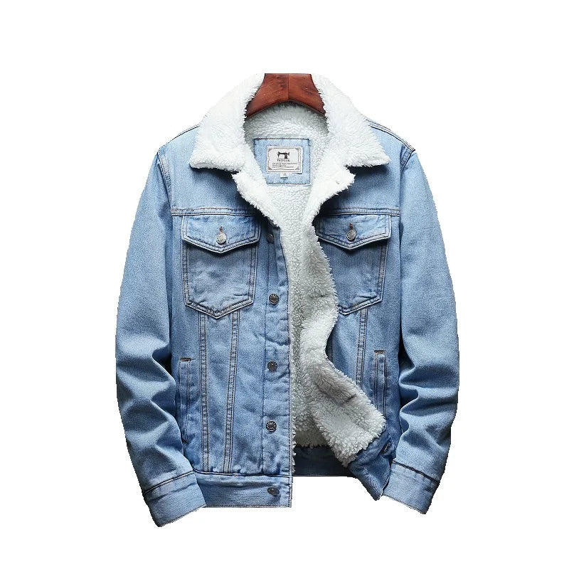 Winter Men's Fleece-Lined Denim Jacket Korean Fashion Windproof Warm Multi-Pocket Lapel Jacket Man High Street Vintage Jean Coat