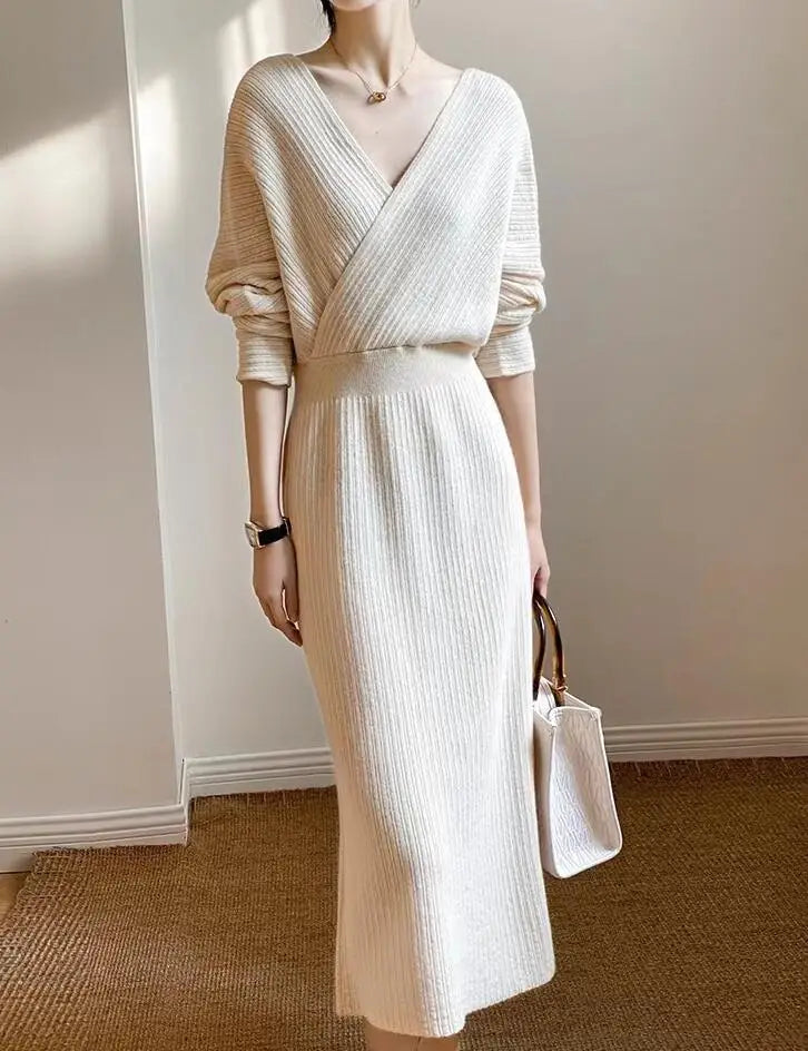 New Autumn/Winter Fashion Long Sleeve V-neck Knitted Solid Color Slim Fit Dress For Women,5 Colors
