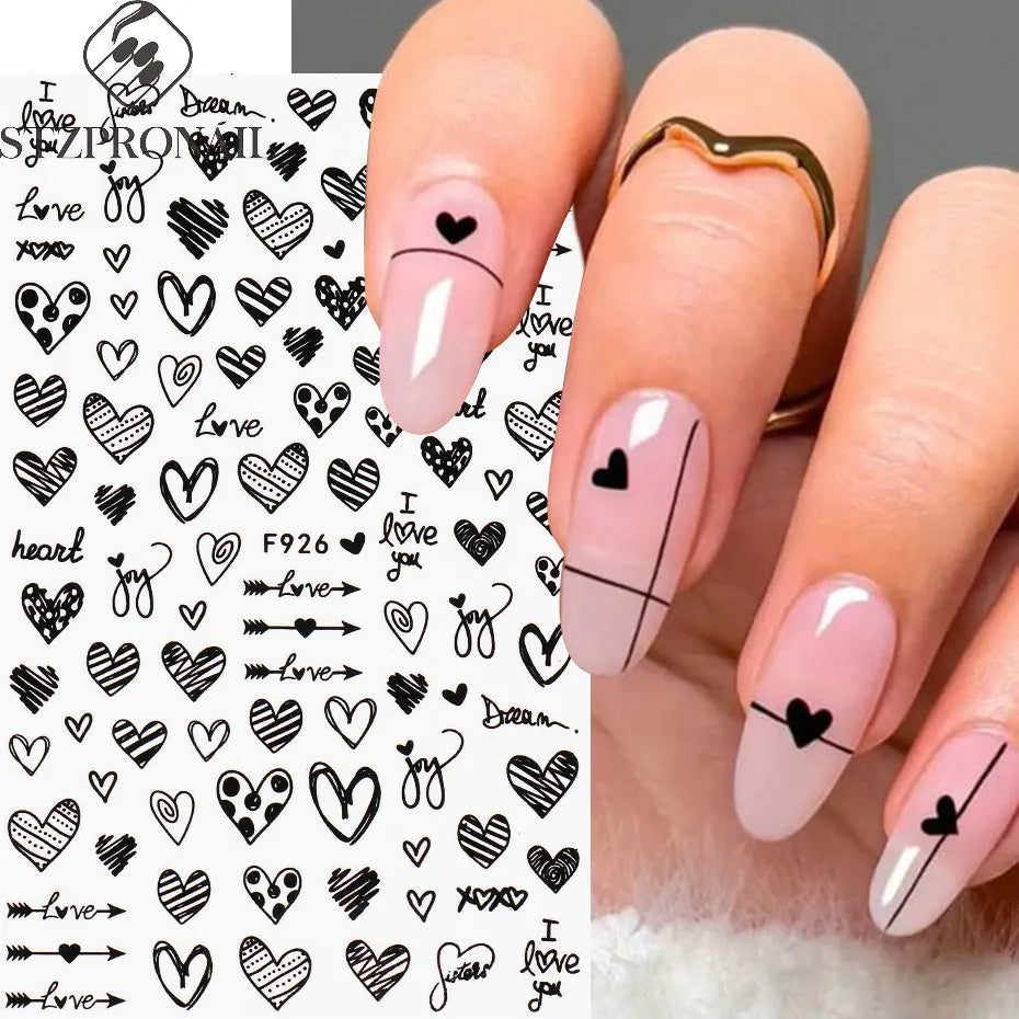 1PCS New Black White Love Heart English Alphabet Nail Art Sticker Nail Decoration Decal DIY Valentine's Day 3D Adhesive Stickers