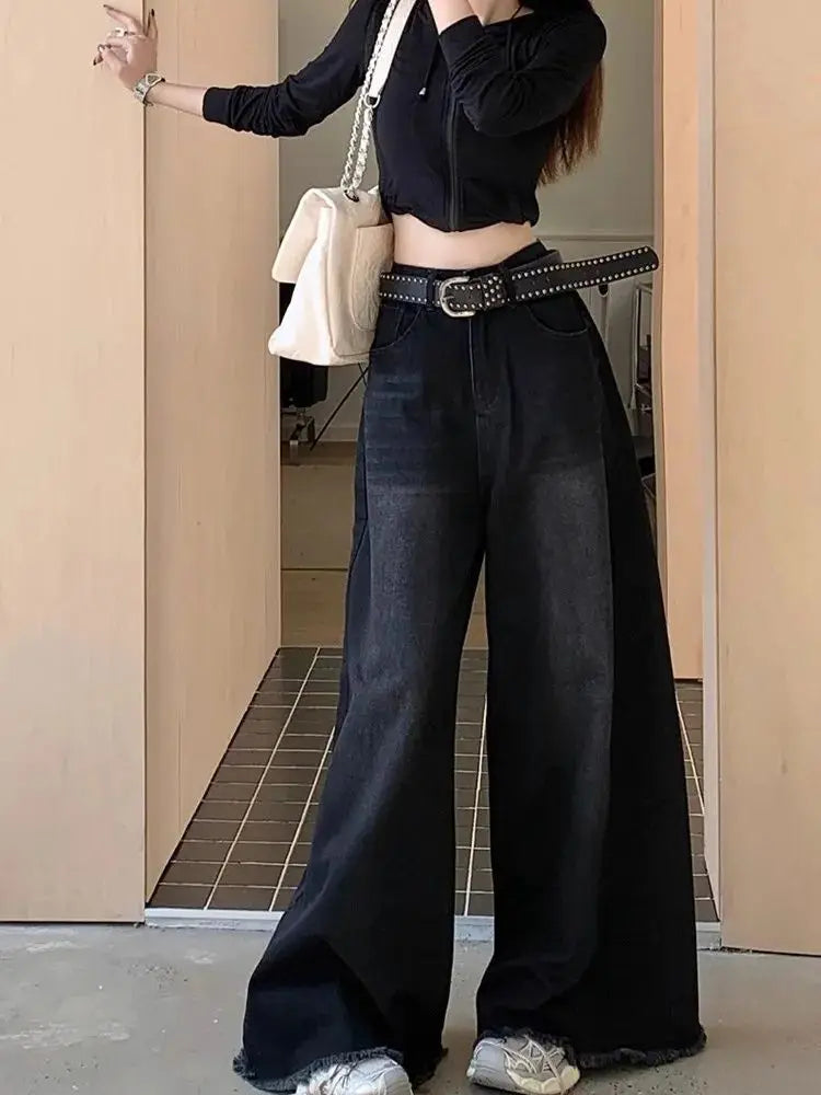 Elegant Chic American Vintage Black Wide Leg Jeans