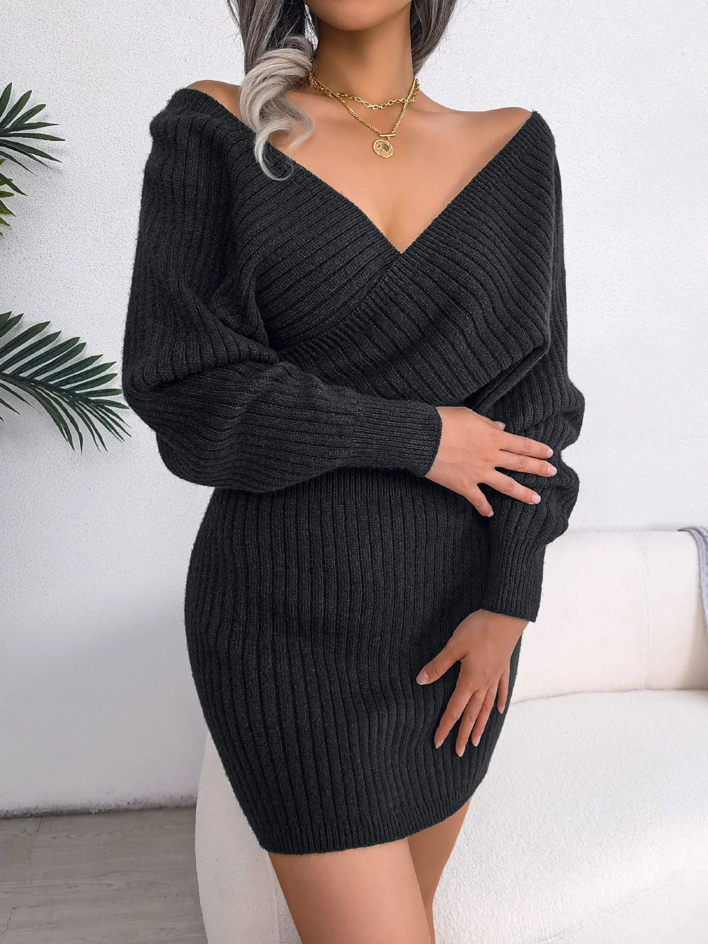 Women's V Neck Waist Tie Sweater Dress - Bodycon Long Sleeve Solid Knit for Fall Winter Holiday Party
