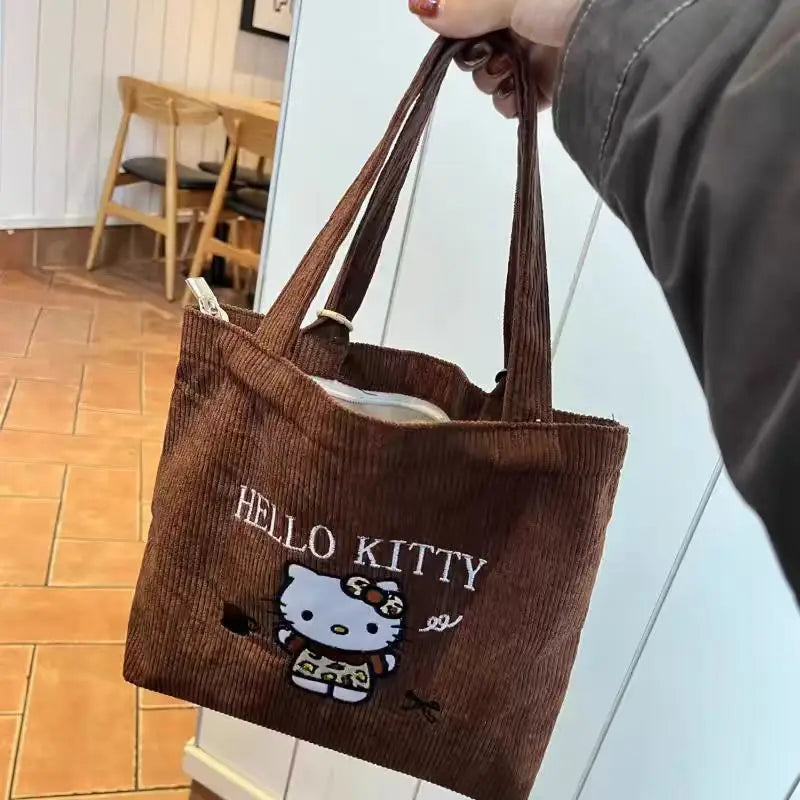 New Hello Kitty Handbag Cute Embroidered Large-Capacity Cartoon Handbag Corduroy Small Bag Students School Single Shoulder Bag