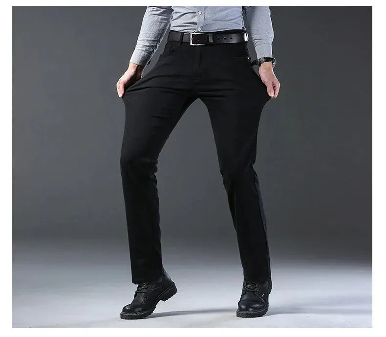 Wthinlee New Business Men's Jeans fleece Casual Straight Stretch Fashion Classic Blue Black Work Denim Trousers Male  Clothing
