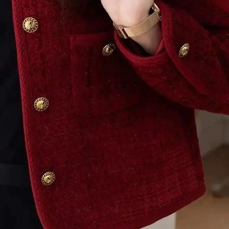 Spring Autumn New Red Tweed Small Fragrance Coat Short Blazers Korean Fashion Elegant Female Tops Outerwear