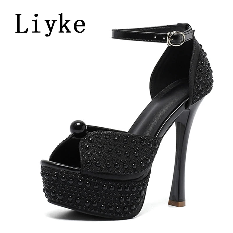 Liyke Sexy Black White High Heels Platform Sandals Women Summer Fashion Design Pearl Peep Toe Wedding Prom Shoe Zapatos De Mujer