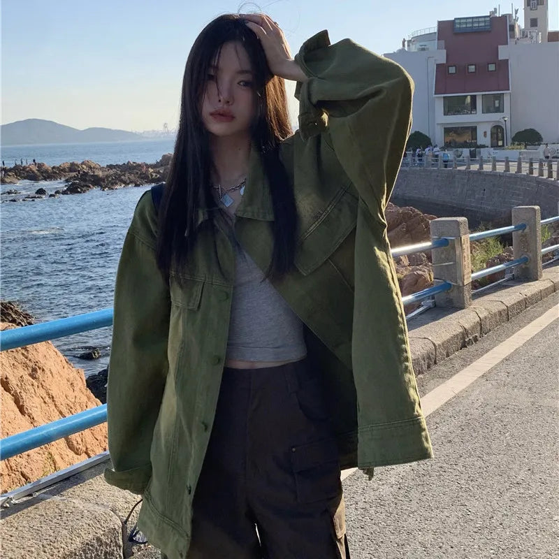 Women Jacket Vintage Workwear Denim Coat