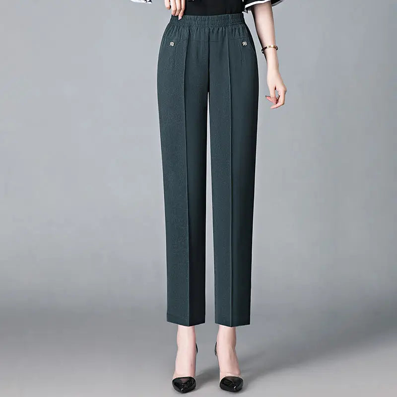 Office Lady Vintage Loose Straight Pants Spring Summer Thin Women Streetwear Fashion Casual Elastic High Waist Cropped Trousers