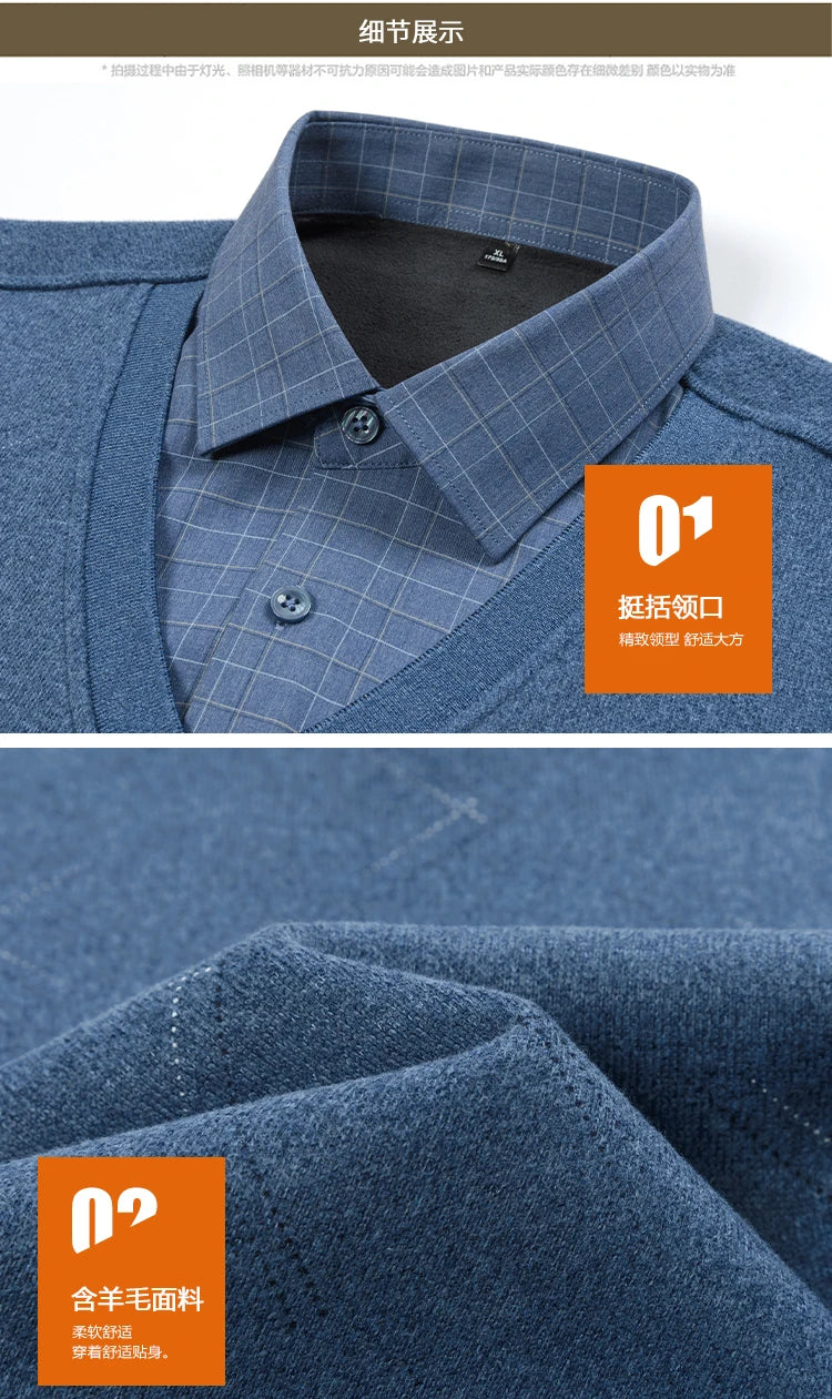 Men's long-sleeved shirt with wool, fleece, thickened, warm, casual, comfortable in winter, versatile and of high quality