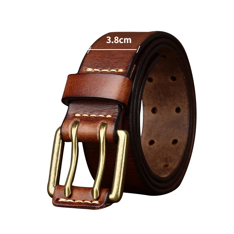 Men's Leather Belt 3.8cm*105-125cm Double Pin Buckle Belts Top Layer Cowhide Genuine Vintage Copper Decor Jeans Male Waistband