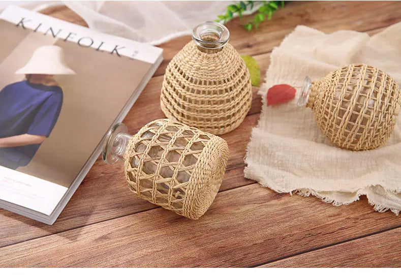 Japanese Style Hand-woven Glass Aroma Vase Small Diameter Dried Flowers Dining Table Decoration Plant Pots Decorative