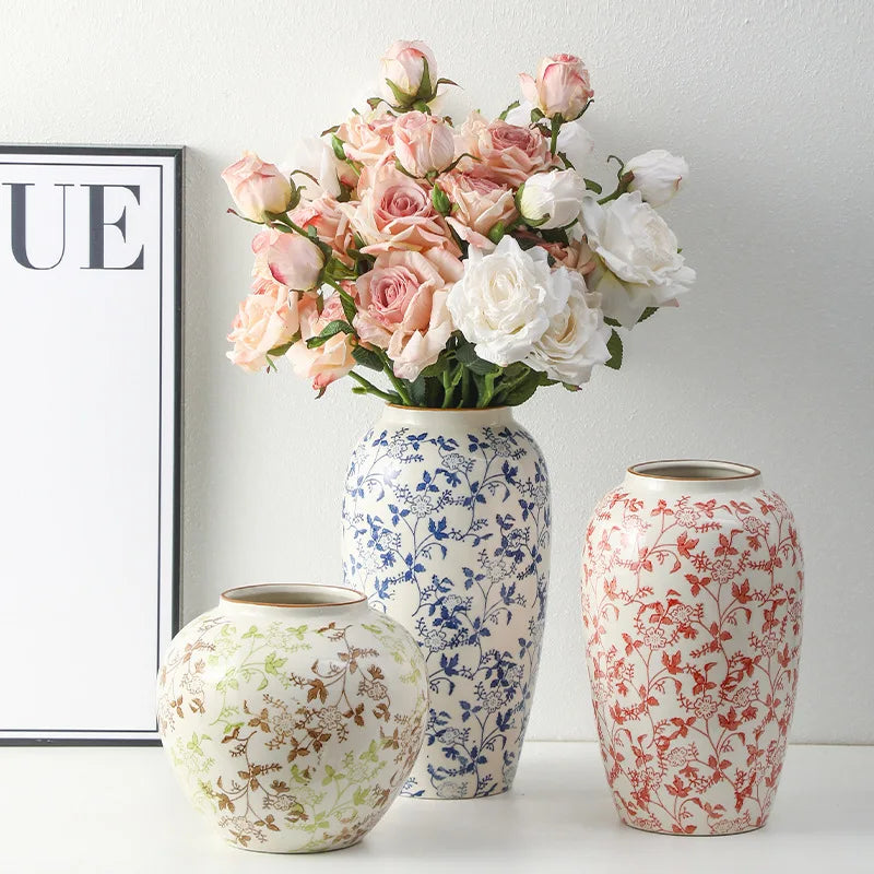 Red and White Porcelain Vase Elegant Classical Flowers Pot