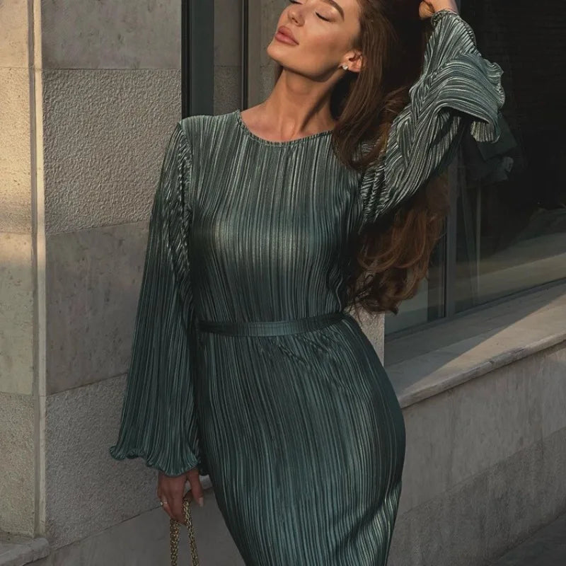 Autumn Winter Party Dress for Women 2025 Y2K INS Elegant Fashion Long Sleeve O Neck Lace Up Folds Evening Graduation Long Dress