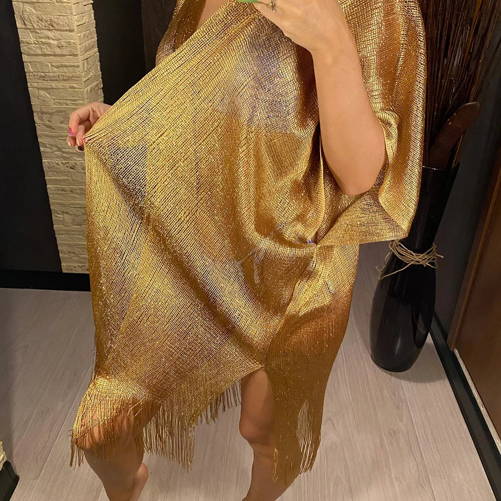 Solid Bikini Cover Up Tassel Beach Dress Tunics Swimsuit Bathing Suit Women Shining Cover Ups for Swimwear Women Pareo Plage