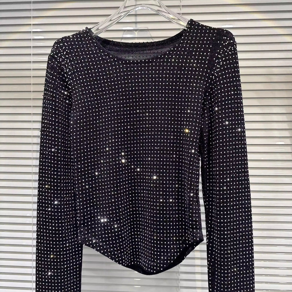 Fat people oversized wear 300 catties fashion rhinestone diamond bright silk curved edge women's long-sleeved T-shirt