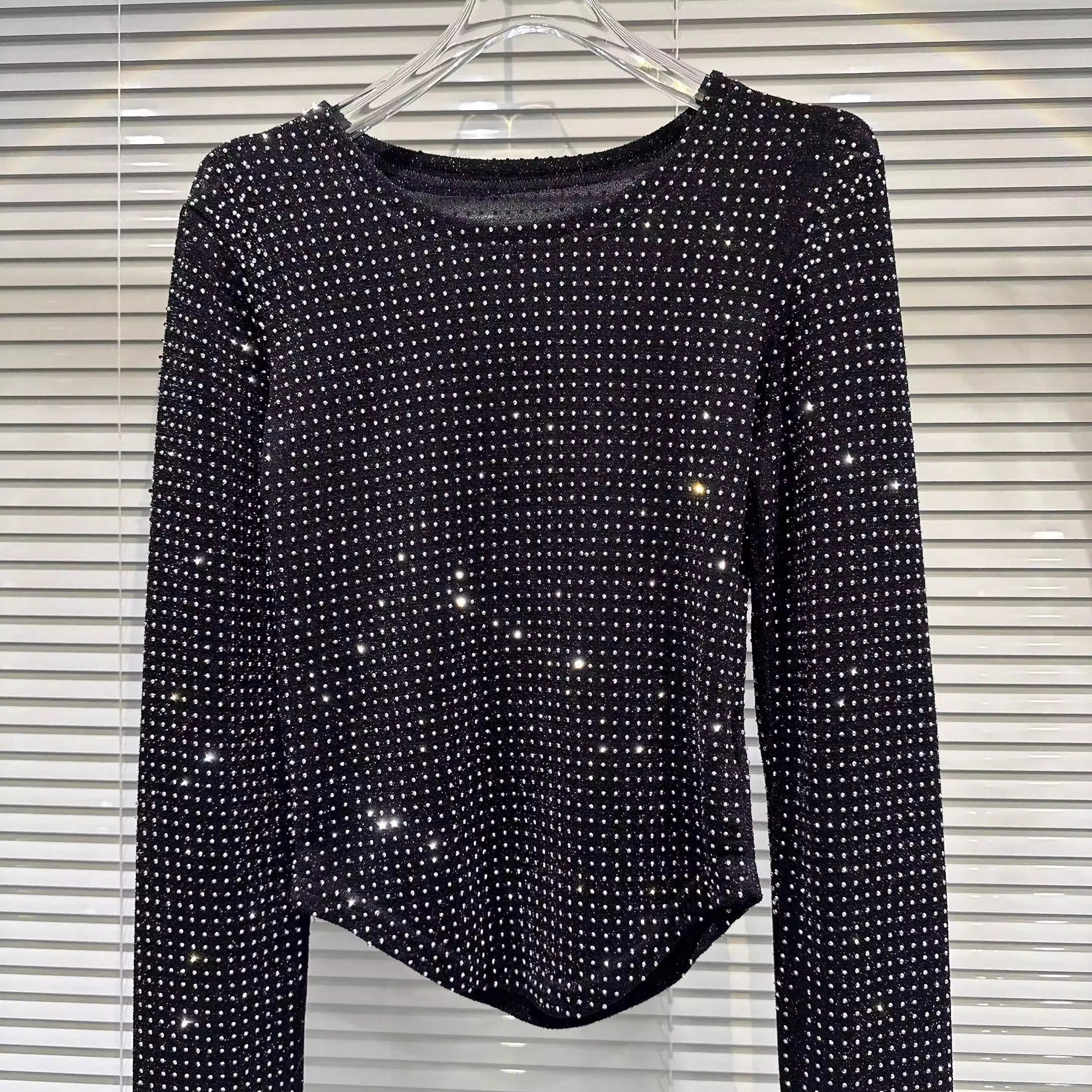 Fat people oversized wear 300 catties fashion rhinestone diamond bright silk curved edge women's long-sleeved T-shirt