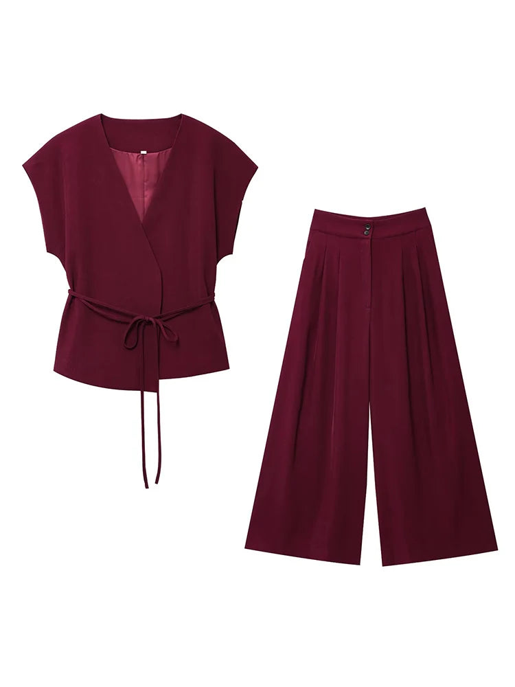 TFMLN Fashion Women's Trouser Suits Sleeveless V-Neck Top With Belt Straight Pants Sets 2025 Spring Summer Commuter 2 Piece Set