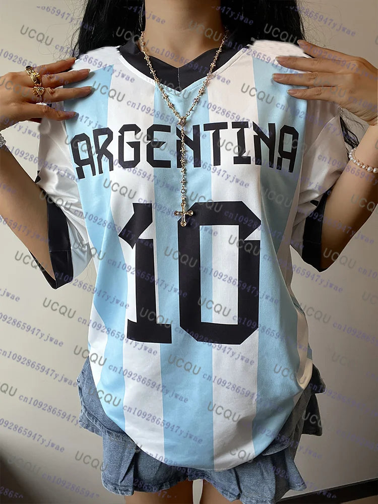 Argentina No.10 Print Football Jersey Women TShirt O-Neck Loose Mesh Short Sleeve Personaliz Fashion Casual Sport Women Clothing