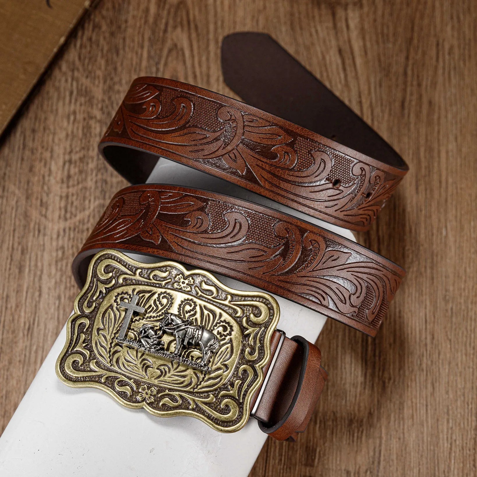Wrangler men's belt, retro embossed personalized belt, Western denim large buckle punk style belt
