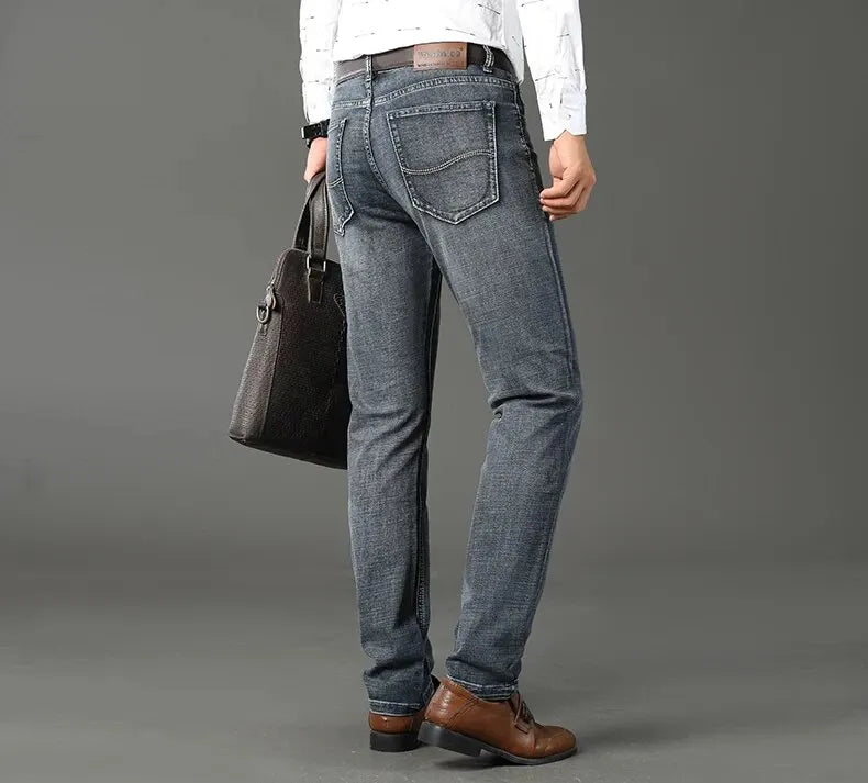 Wthinlee New Business Men's Jeans fleece Casual Straight Stretch Fashion Classic Blue Black Work Denim Trousers Male  Clothing