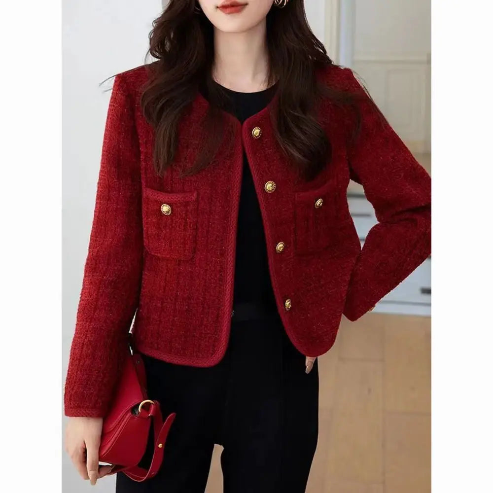 Spring Autumn New Red Tweed Small Fragrance Coat Short Blazers Korean Fashion Elegant Female Tops Outerwear