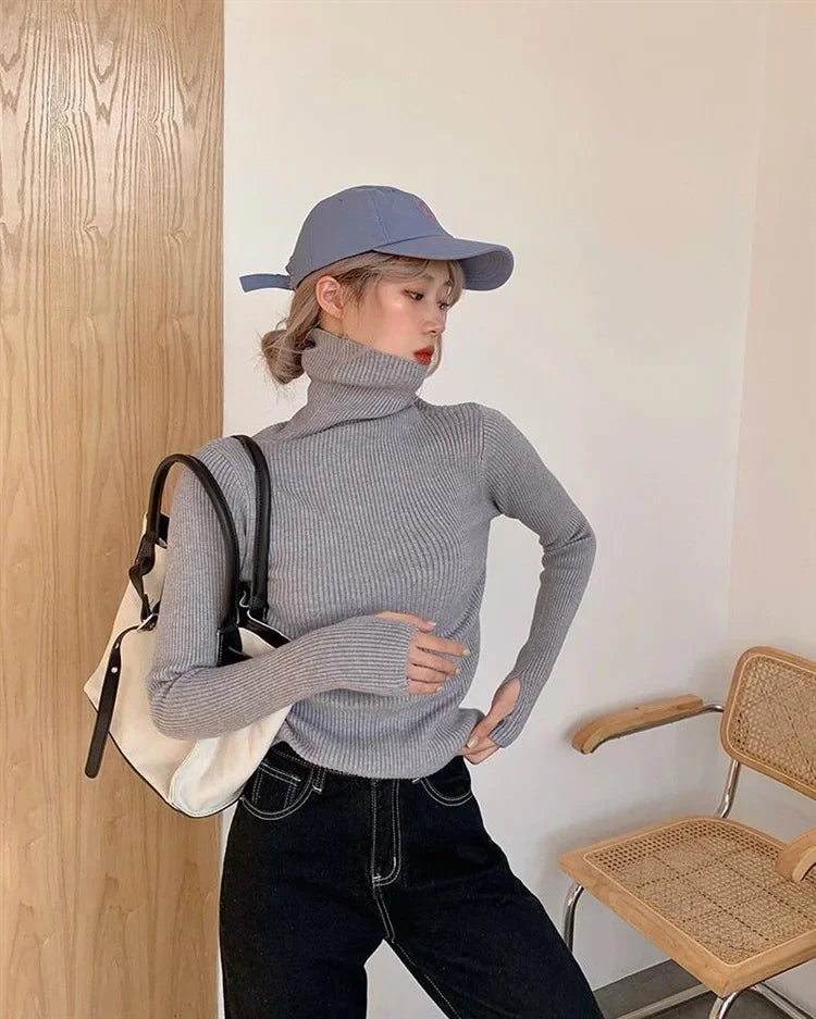 Women Turtlneck Sweater Elegant Solid Basic Knitted Tops Casual Pullover Korean Fashion Simple with Thumb Holes Chic Clothes