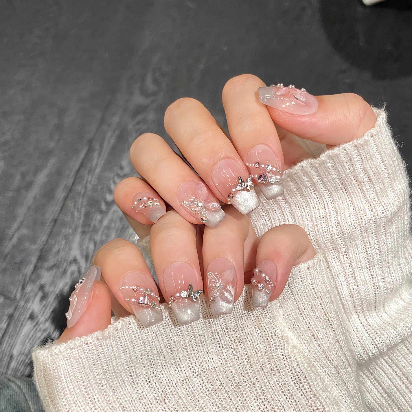 Butterfly Cat Eye Press-On Nails | 10pcs Pink Handmade French | Reusable Wearable Nail Art Tips