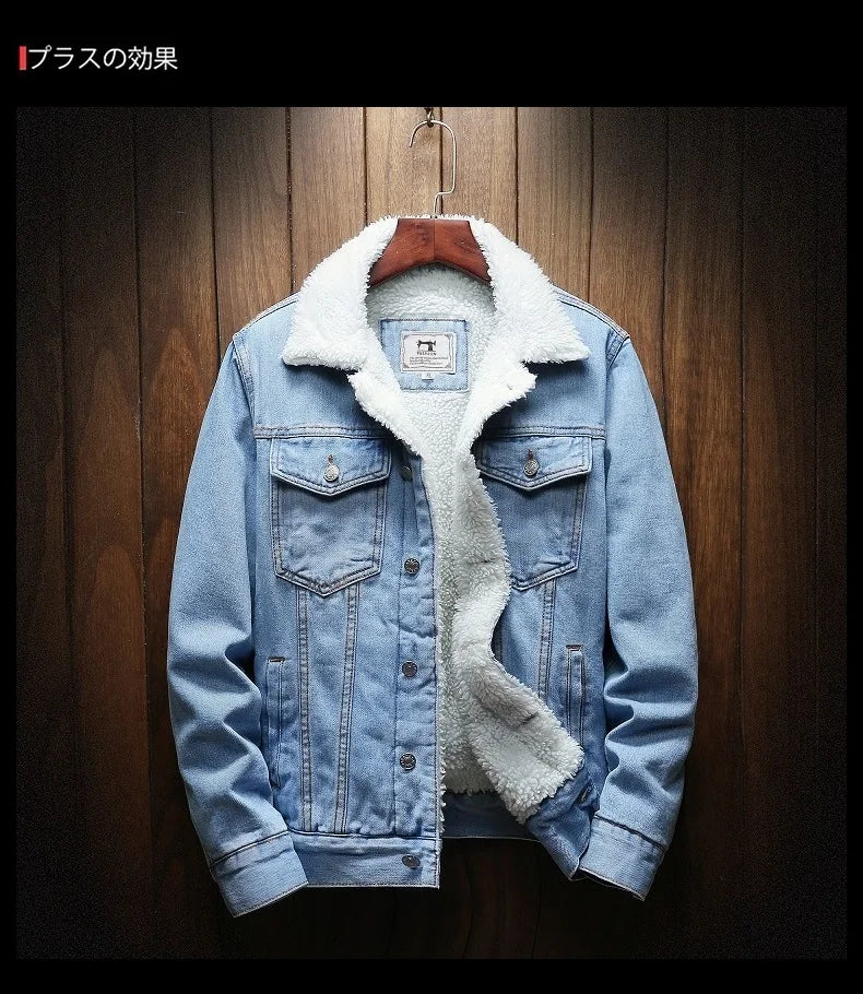 Winter Men's Fleece-Lined Denim Jacket Korean Fashion Windproof Warm Multi-Pocket Lapel Jacket Man High Street Vintage Jean Coat