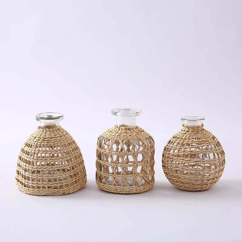 Japanese Style Hand-woven Glass Aroma Vase Small Diameter Dried Flowers Dining Table Decoration Plant Pots Decorative
