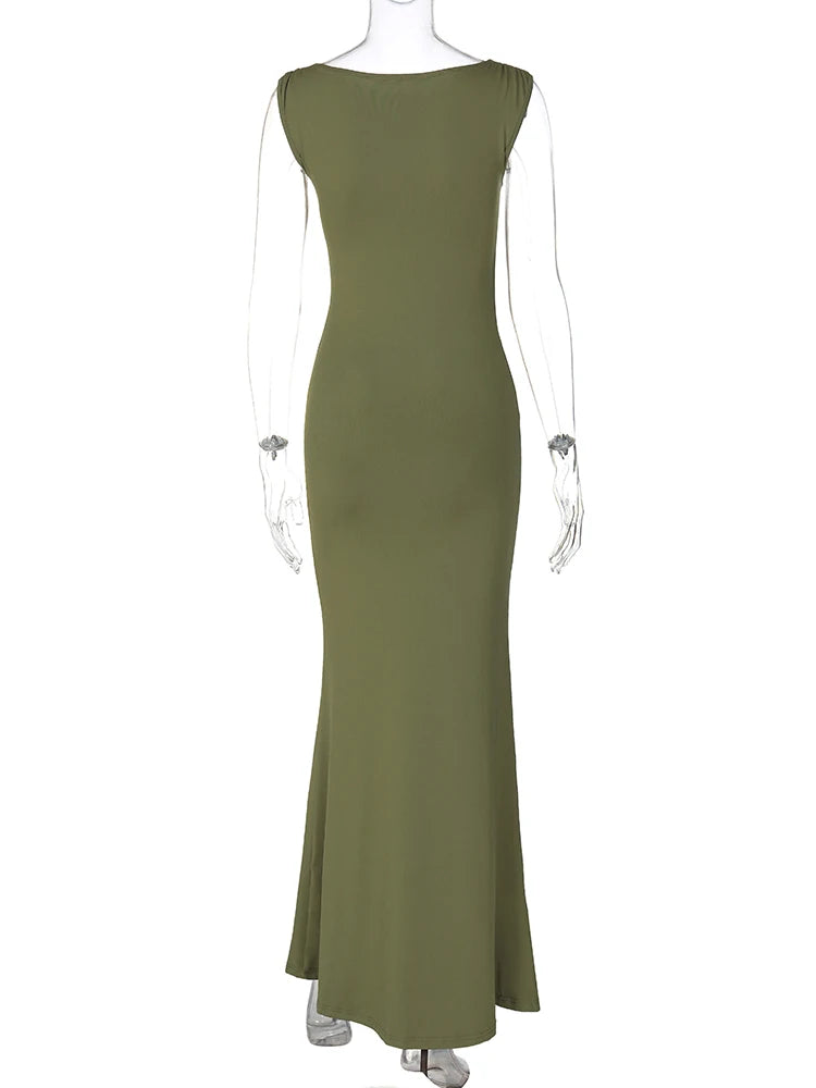 Dulzura Elegant Long Dress Ruched Bodycon Sleeveless Solid Dresses Lady Cocktail Party Wedding Guest Formal Women Clothes 2024