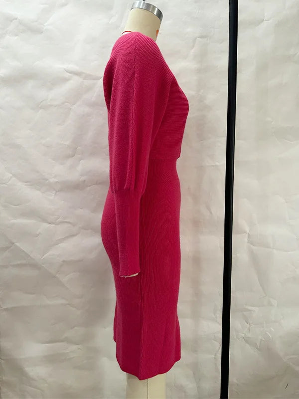 Women Knit Dress Sweater Long Sleeve Round Neck Slim Fit Dresses Tight Waist Thick Warm Vestidos Elegant Lady Skinny Autumn