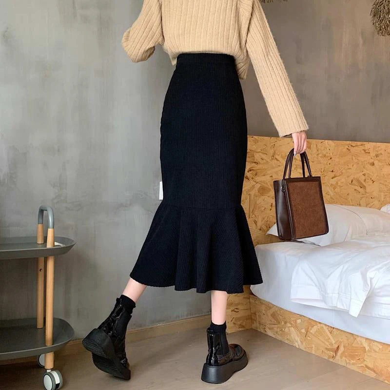 Fashion High Waist Midi Skirts for Women 2023 Spring Slim Fit  Hip Mermaid Skirt Woman Korean Ruffles Brown Skirts 2XL