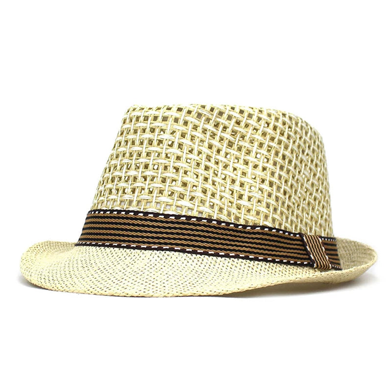 British Men Beach Sun Hats Summer Cowboy Fedora Retro Jazz Hat Breathable Straw Caps Outdoor Panama Man Gentleman Holiday Sunhat