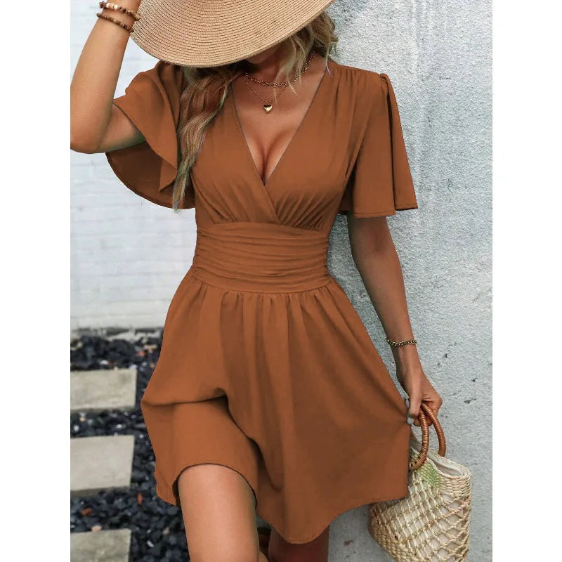 Woman Summer V-Neck Ruffled Sleeve Solid Color Dress Woman Clothing Tops Skirts Y2k Clothes