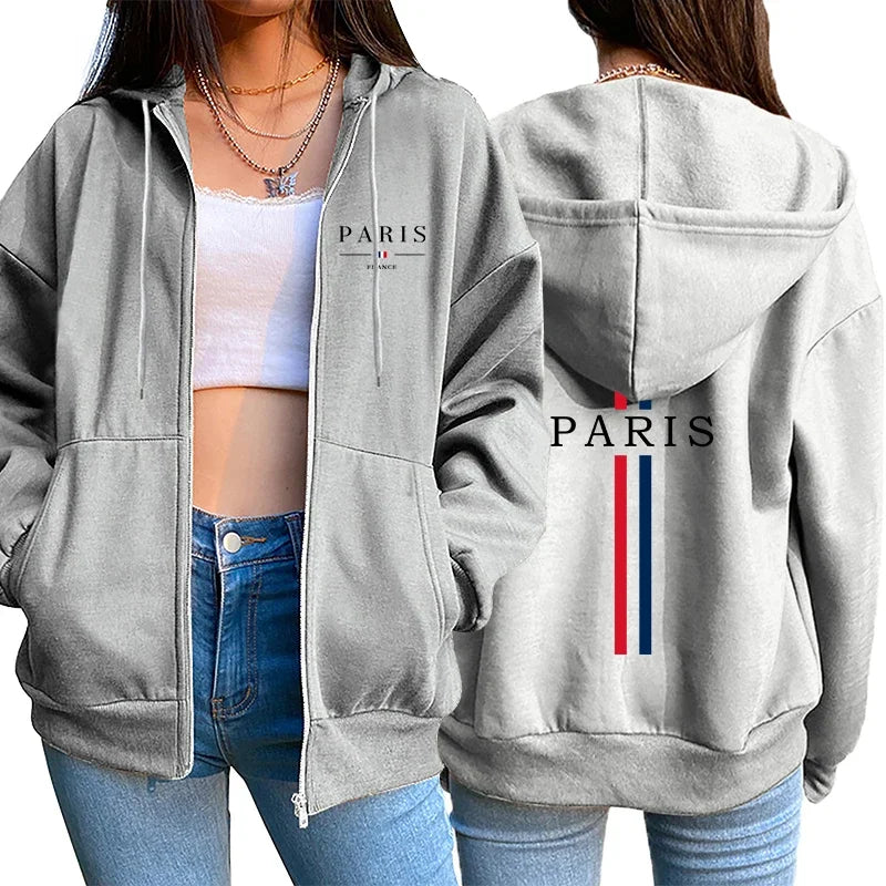 Paris Letter Printing Womens Jacket Coat Hot Sales Fashion Loose Zipper Tops Sports Hoodie Casual Woman Clothing European Style